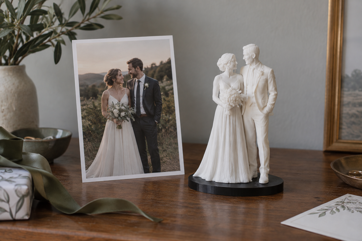 White PLA couple keepsake displayed beside the photo that inspired it