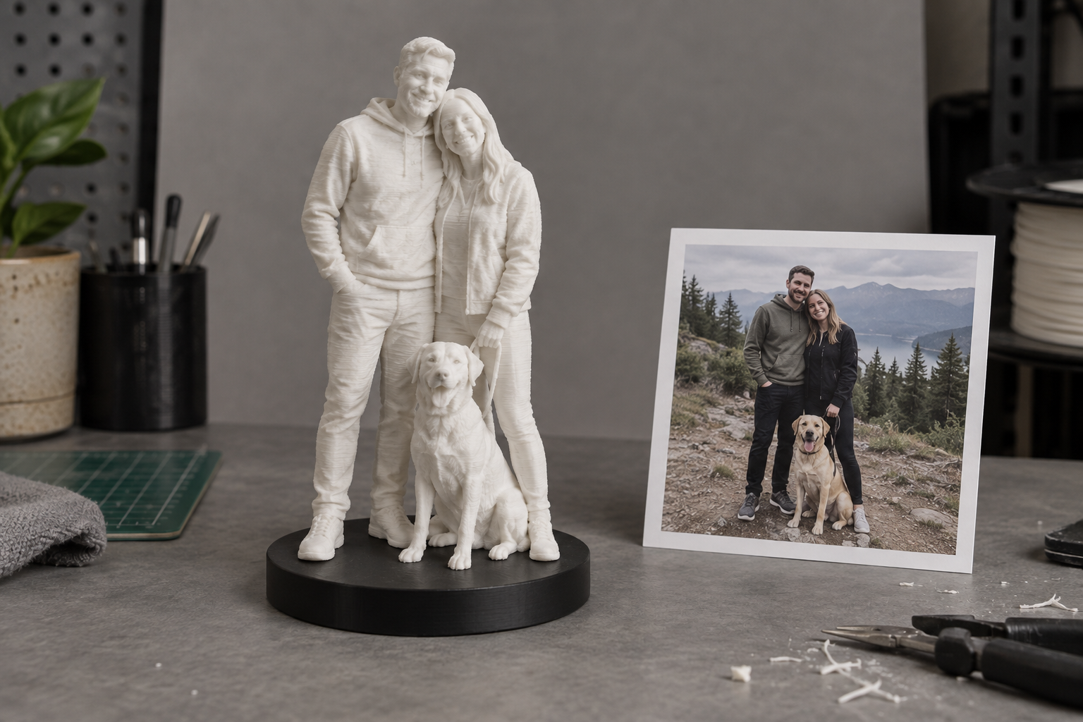 Monochrome PLA family and pet sculpture beside the everyday reference photo used to create it