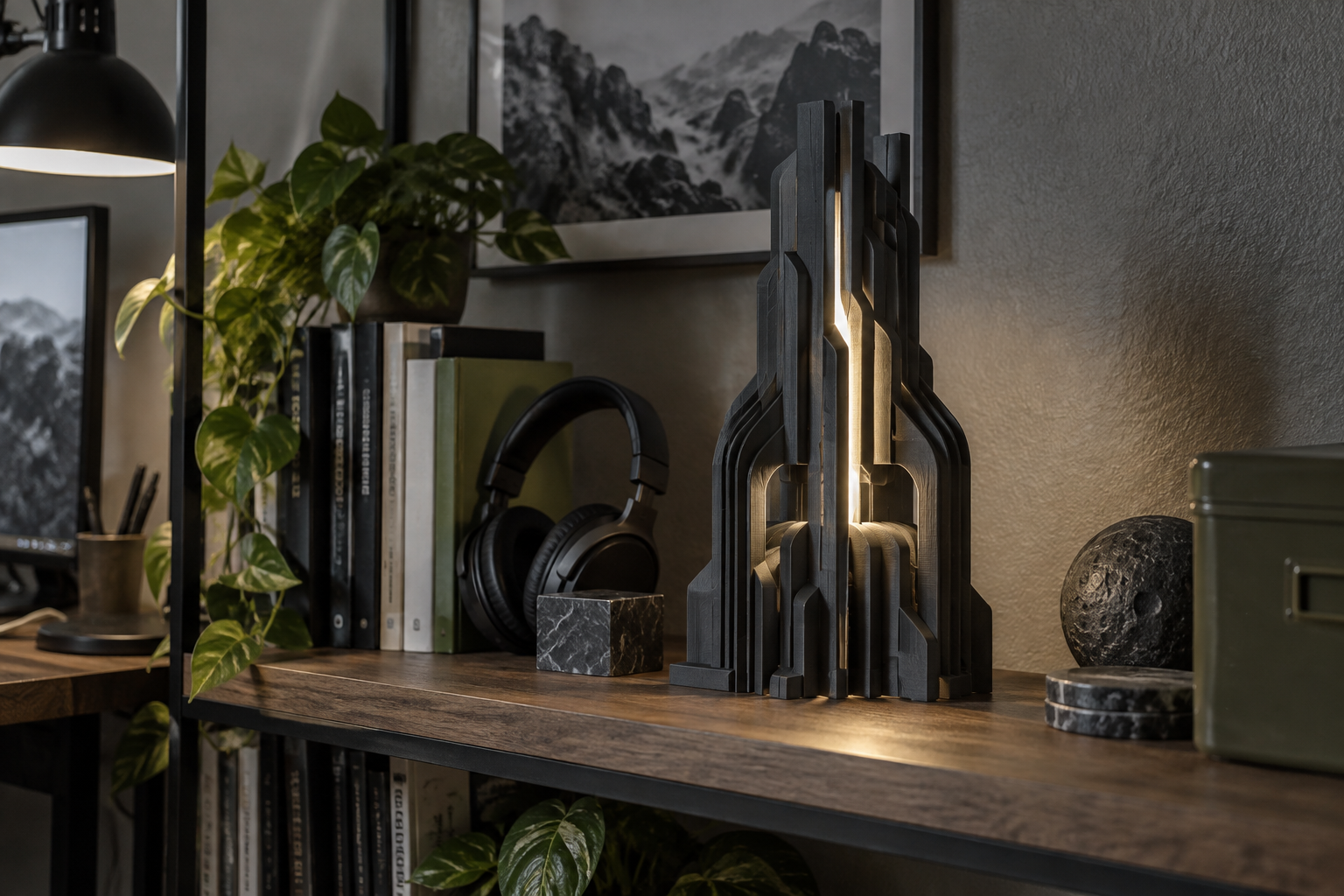 Custom charcoal 3D printed architectural light displayed in a home office