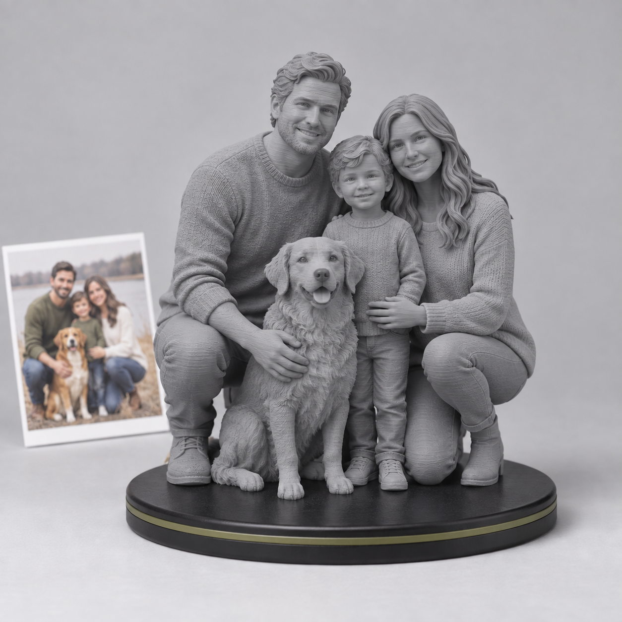 Monochrome custom family sculpture beside its reference photo