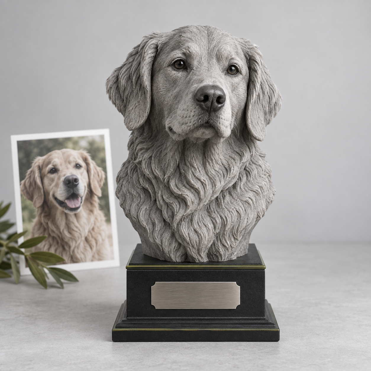 Concept example of a monochrome pet memorial bust created from photos