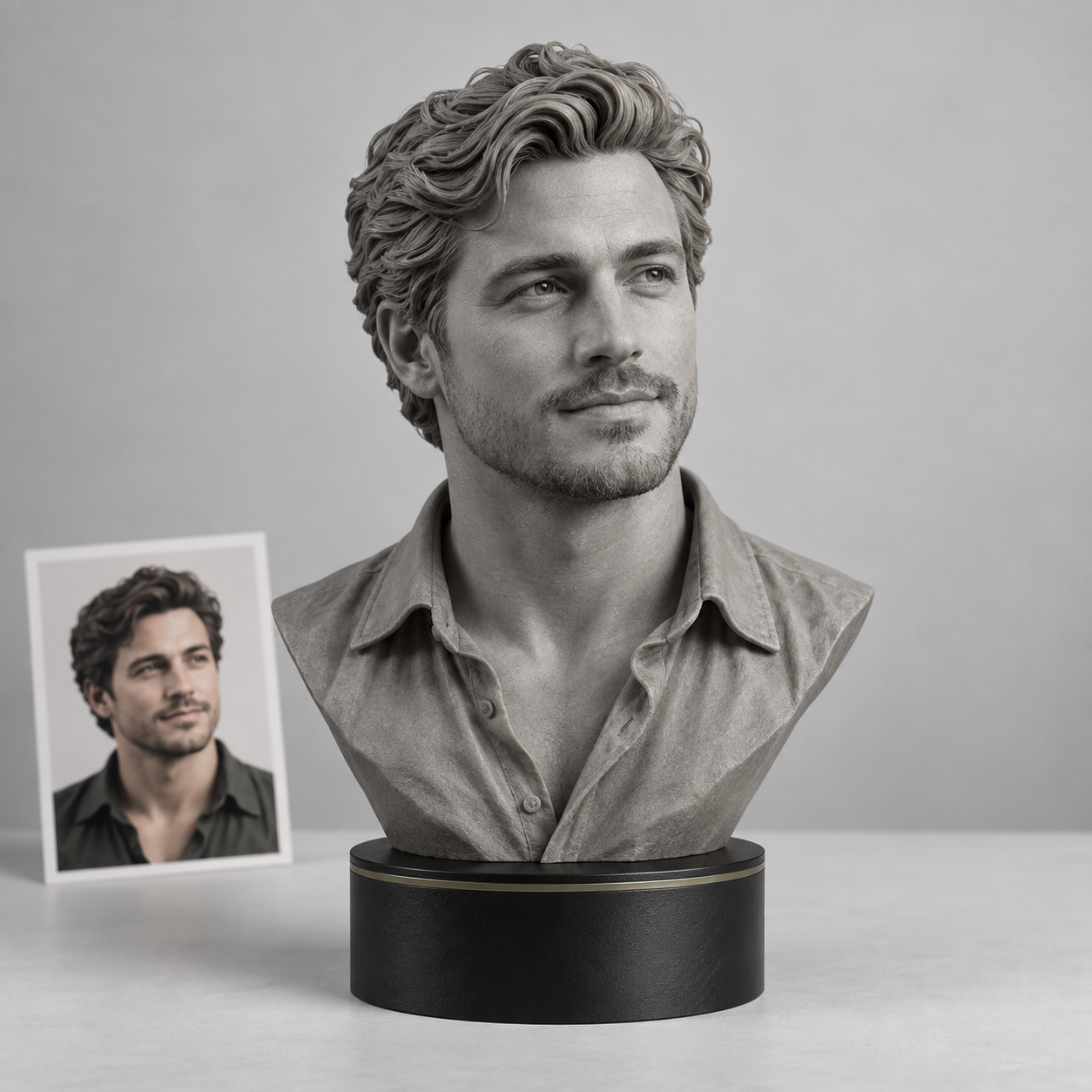 Concept example of a monochrome portrait bust created from photos